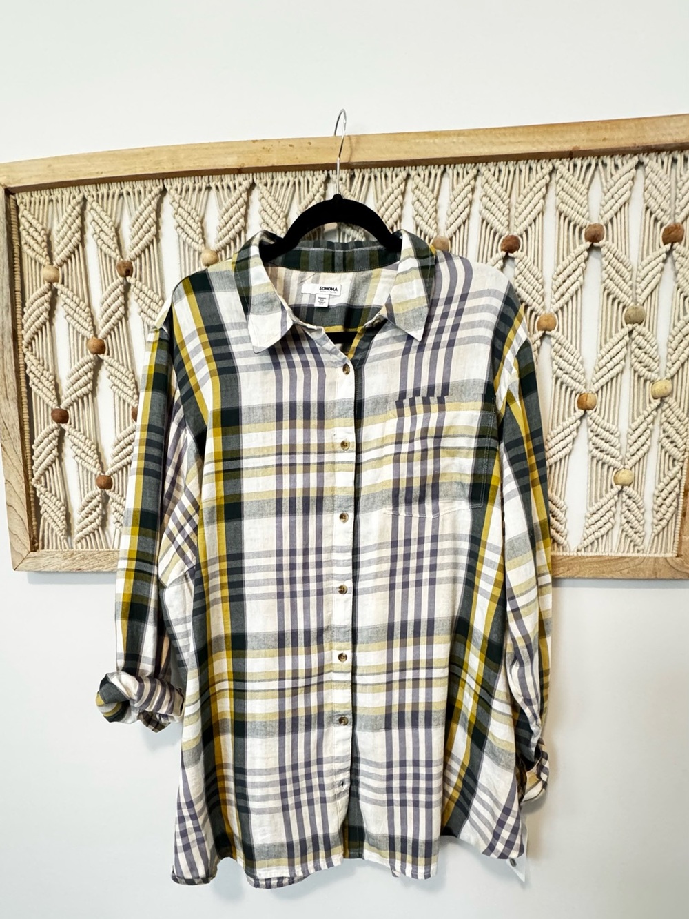 Sonoma Plaid Button-Up Shirt in Olive, Yellow & Cream